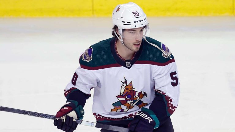 NHL profile photo on Arizona Coyotes player Sean Durzi at a game against the Calgary Flames in Calgary, Alta., on April 14, 2024. (Larry MacDougal/CP)