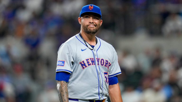 New York Mets pitcher Sean Manaea heads to the dugout after being pulled for a reliever against the Texas Rangers during the sixth inning of a baseball game, Wednesday, June 19, 2024, in Arlington, Texas. (Julio Cortez/AP)