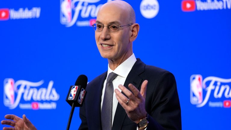 NBA Commissioner Adam Silver talks to reporters before Game 1 of basketball's NBA Finals between the Boston Celtics and the Dallas Mavericks, Thursday, June 6, 2024, in Boston. (Charles Krupa/AP)