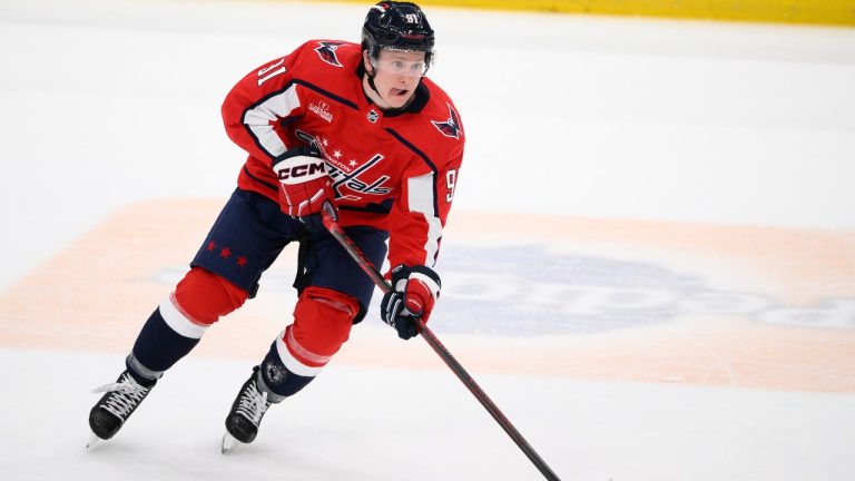 Washington Capitals center Joe Snively (91) skates with the puck during the third period of an NHL hockey game against the Florida Panthers, Thursday, Feb. 16, 2023, in Washington. (Nick Wass/AP)