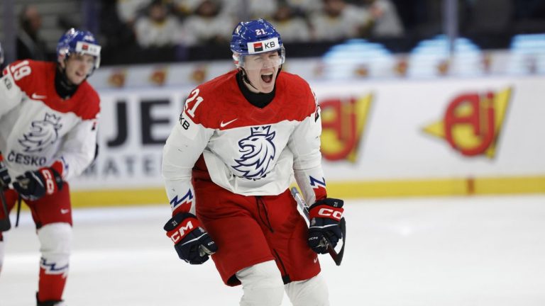 Czech Republic's Jakub Stancl celebrates scoring during the IIHF World Junior Championship ice hockey quarterfinal match between Canada and Czech Republic at Scandinavium in Gothenburg, Sweden, Tuesday, Jan. 2, 2024. (Adam Ihse/TT News Agency via AP)