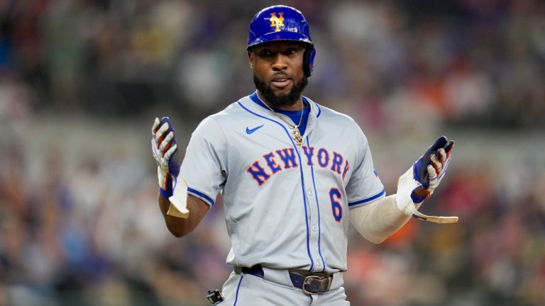 New York Mets' Starling Marte reacts toward the Texas Rangers dugout after grounding out to end the top of the sixth inning of a baseball game, Tuesday, June 18, 2024, in Arlington, Texas. (AP/Julio Cortez)