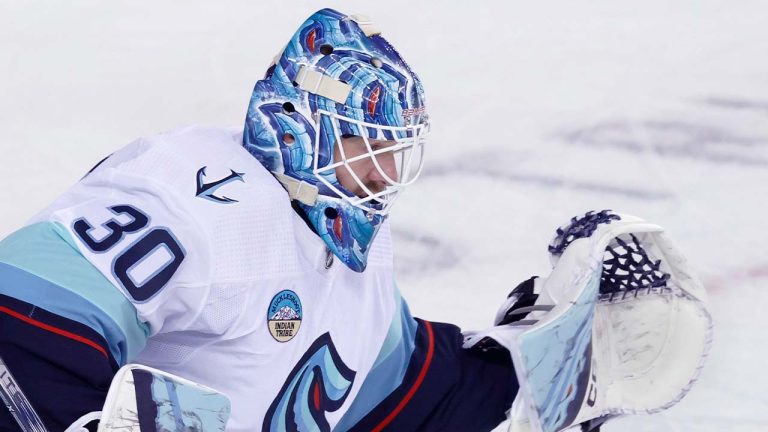 NHL profile photo on Seattle Kraken goalie Ales Stezka, from Czech Republic, at a game against the Calgary Flames in Calgary, Alta., on Sept. 25, 2023. (Larry MacDougal/CP)