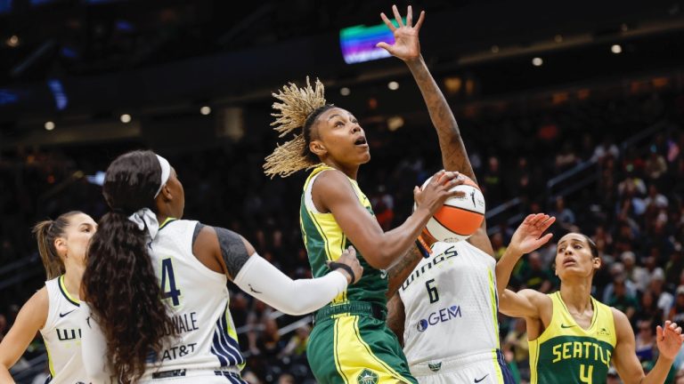 Seattle Storm's Jordan Horston gets the defensive board and puts the shot back up against the Dallas Wings during a WNBA basketball game Saturday, June 29, 2024, in Seattle. (Dean Rutz/The Seattle Times via AP)