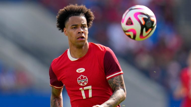 Canada forward Tajon Buchanan (17) looks to control the ball in the second half of a CONCACAF Nations League Play-In soccer match against Trinidad And Tobago, Saturday, March 23, 2024, in Frisco, Texas. (AP/Julio Cortez)