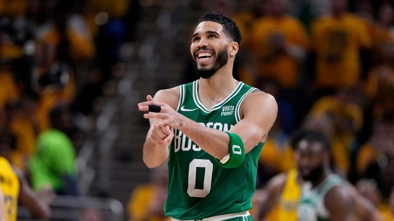 Boston Celtics forward Jayson Tatum (0) reacts during the second half of Game 4 of the NBA Eastern Conference basketball finals against the Indiana Pacers, Monday, May 27, 2024, in Indianapolis. (Michael Conroy/AP)