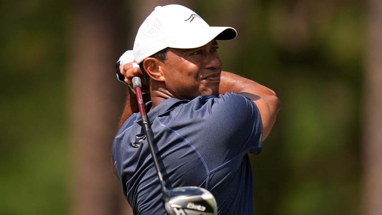 Tiger Woods watches his tee shot on the fifth hole during the second round of the U.S. Open golf tournament Friday, June 14, 2024, in Pinehurst, N.C. (Frank Franklin II/AP)