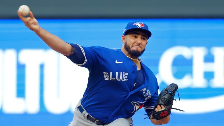 Toronto Blue Jays pitcher Yimi Garcia works against the Minnesota Twins during the fifth inning of Game 2 of an AL wild-card baseball playoff series Wednesday, Oct. 4, 2023, in Minneapolis. (Bruce Kluckhohn/AP)