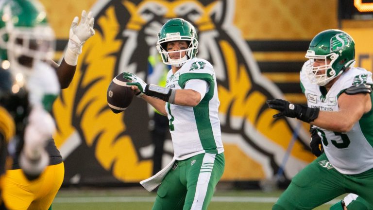 Saskatchewan Roughriders quarterback Trevor Harris during a game against the Hamilton Tiger Cats, June 16, 2024. (The Canadian Press/Peter Power)