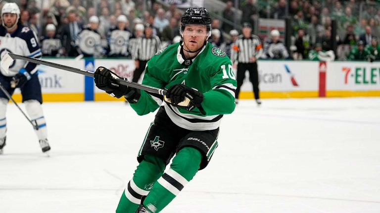 Former Dallas Stars forward Ty Dellandrea skates on the ice during an NHL hockey game against the Winnipeg Jets in Dallas, Thursday, Feb. 29, 2024. (Tony Gutierrez/AP)