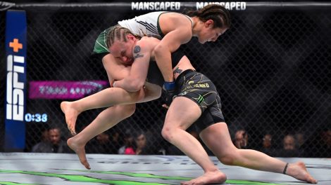 Alexa-Grasso,-left,-and-Valentina-Shevchenko-compete-in-a-UFC-285-mixed-martial-arts-flyweight-title-bout