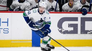 Vancouver Canucks defenceman Quinn Hughes (43) in action during the second period of an NHL hockey game against the Washington Capitals, Sunday, Feb. 11, 2024, in Washington. (Nick Wass/AP)