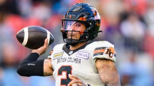 B.C. Lions' Vernon Adams Jr. throws the ball in the first half against the Toronto Argonauts, June 9, 2024. (The Canadian Press/Christopher Katsarov)