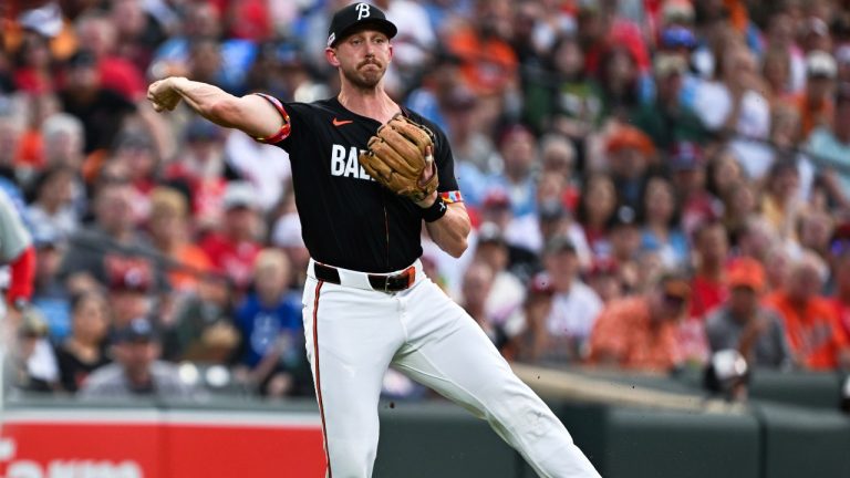 Baltimore Orioles third baseman Jordan Westburg fields the ball and throws to first base for an out on a ball hit by Philadelphia Phillies' Edmundo Sosa during the second inning of a baseball game, Friday, June 14, 2024, in Baltimore. (Terrance Williams/AP)