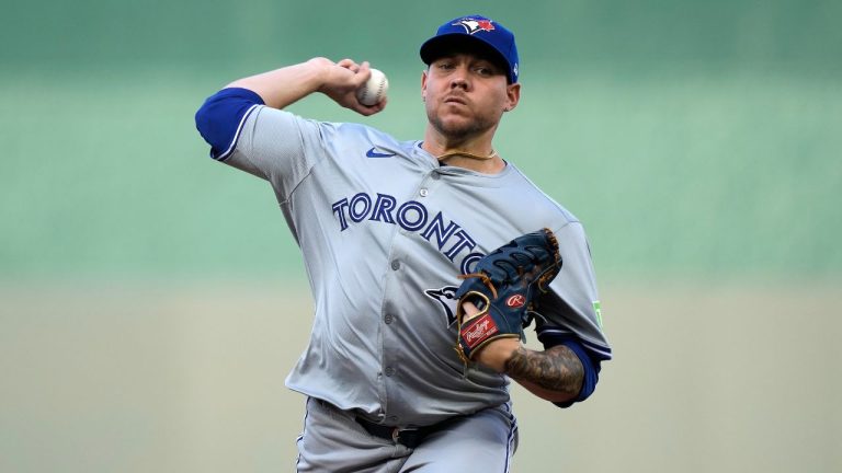 Toronto Blue Jays starting pitcher Yariel Rodriguez throws during the first inning of a baseball game against the Kansas City Royals Wednesday, April 24, 2024, in Kansas City, Mo. (Charlie Riedel/AP Photo)