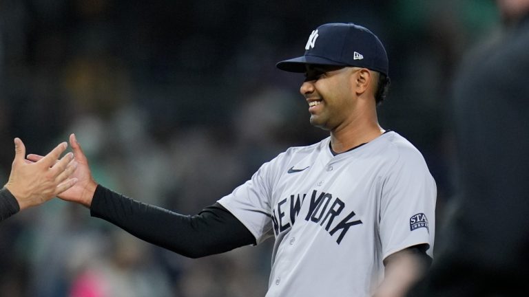 New York Yankees pitcher Yoendrys Gomez, celebrates with teammate Austin Wells after the Yankees defeated the San Diego Padres 8-0, May 24, 2024. (AP Photo/Gregory Bull)