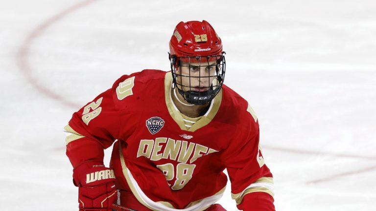 Denver defenceman Zeev Buium (28) skates during the second period of an NCAA hockey game against Boston College on Saturday, Oct. 21, 2023, in Chestnut Hill, Mass. (Greg M. Cooper/AP)