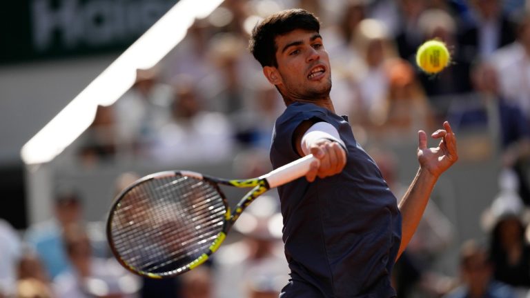 Spain's Carlos Alcaraz plays a shot against Germany's Alexander Zverev during the men's final match of the French Open tennis tournament at the Roland Garros stadium in Paris, Sunday, June 9, 2024. (Thibault Camus/AP)