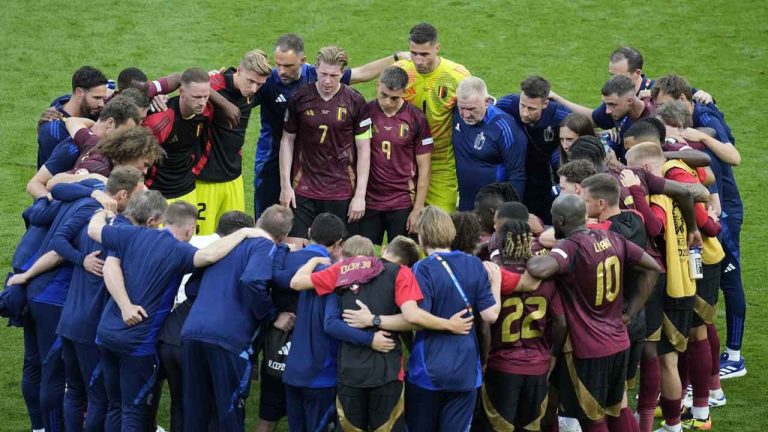 Belgium players gather at the end of the Group E match between Belgium and Slovakia at the Euro 2024 soccer tournament in Frankfurt, Germany. (Themba Hadebe/AP)