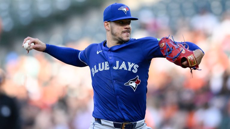 Toronto Blue Jays starting pitcher Jose Berrios (17) in action during a baseball game against the Baltimore Orioles, Monday, May 13, 2024, in Baltimore. (Nick Wass/AP)