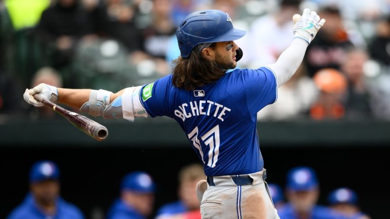 Toronto Blue Jays' Bo Bichette in action during a baseball game against the Baltimore Orioles, Wednesday, May 15, 2024, in Baltimore. (Nick Wass/AP)