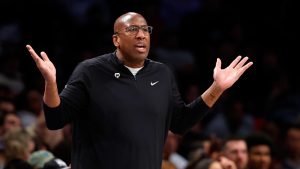 Sacramento Kings head coach Mike Brown reacts during the second half of an NBA basketball game against the Brooklyn Nets, Sunday, April 7, 2024, in New York. The Kings won 107-77. (Noah K. Murray/AP Photo)