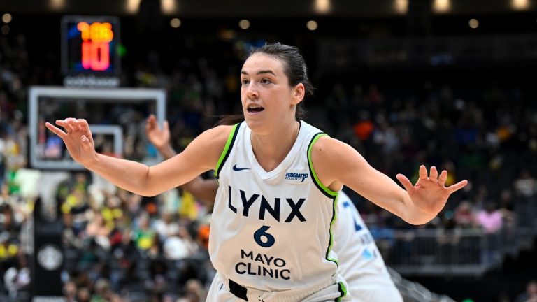 Minnesota Lynx forward Bridget Carleton (6) in action during a WNBA basketball game against the Seattle Storm, Tuesday, May 14, 2024, in Seattle. (Alika Jenner/AP)