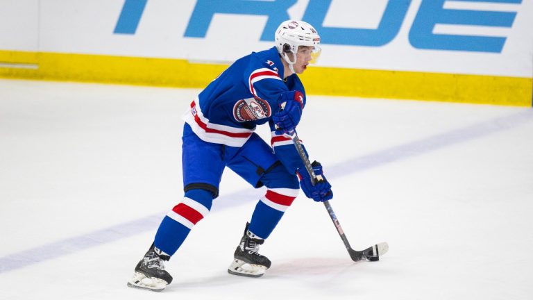 Trevor Connelly #16 of Team Blue skates with the puck during Chipotle All-American Game between Team Blue and Team White at USA Hockey Arena on January 15, 2024 in Plymouth, Michigan. (Michael Miller/ISI Photos/Getty Images)