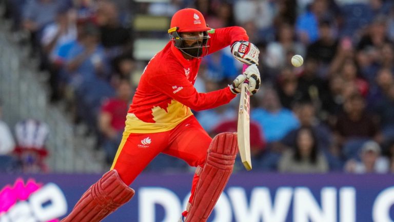 Canada's Navneet Dhaliwal bats during the men's T20 World Cup cricket match between the United States and Canada at Grand Prairie Stadium, in Grand Prairie, Texas, Saturday, June 1, 2024. (Julio Cortez/AP Photo)