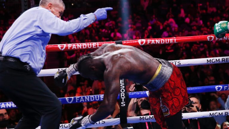 Deontay Wilder falls to the canvas after receiving a knockout punch. (AP Photo/Chase Stevens)