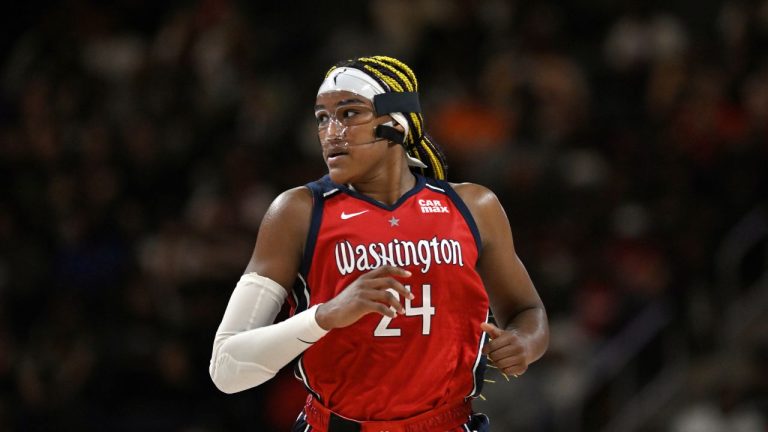 Washington Mystics forward Aaliyah Edwards runs up court during the second half of a WNBA basketball game against the New York Liberty, Tuesday, May 14, 2024, in Washington. (Terrance Williams/AP)