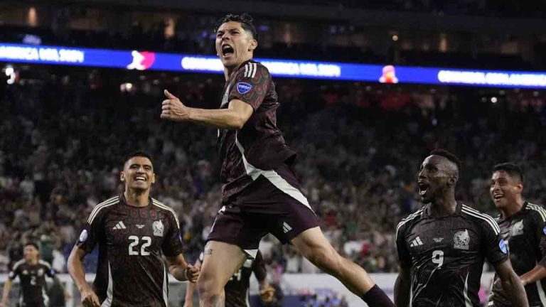 Mexico's Gerardo Arteaga celebrates scoring his side's opening goal against Jamaica during a Copa America Group B soccer match in Houston, Saturday, June 22, 2024. (David J. Phillip/AP)