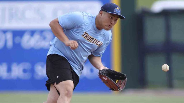 Trenton Thunder first baseman Rintaro Sasaki (49) fields a ground ball before a baseball game against the Frederick Keys, Tuesday, June 11, 2024 , in Frederick, Md. The 19-year-old prospect will make his U.S. debut Tuesday in the MLB Draft League, playing for the Trenton Thunder of New Jersey along with others hoping to one day develop into major leaguers.(Daniel Kucin Jr./AP)