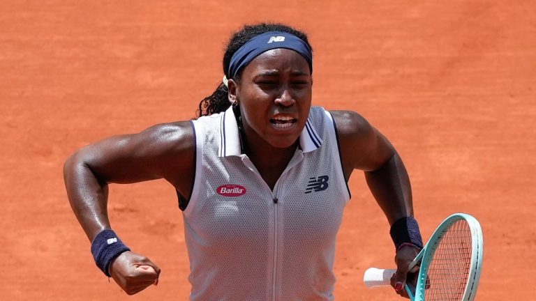 Coco Gauff of the U.S. celebrates winning her quarterfinal match of the French Open tennis tournament against Tunisia's Ons Jabeur at the Roland Garros stadium in Paris, Tuesday, June 4, 2024. (Thibault Camus/AP Photo)