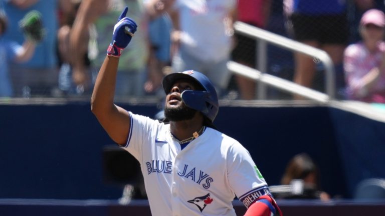 Toronto Blue Jays' Vladimir Guerrero Jr. celebrates after hitting a three-run home run off Baltimore Orioles pitcher Cade Povich during third inning American League MLB baseball action in Toronto on Thursday June 6, 2024. (Chris Young/THE CANADIAN PRESS)