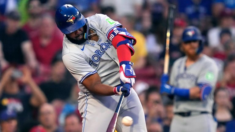 Toronto Blue Jays' Vladimir Guerrero Jr. hits a double against the Boston Red Sox during the third inning of a baseball game at Fenway Park, Tuesday, June 25, 2024, in Boston. (Charles Krupa/AP)