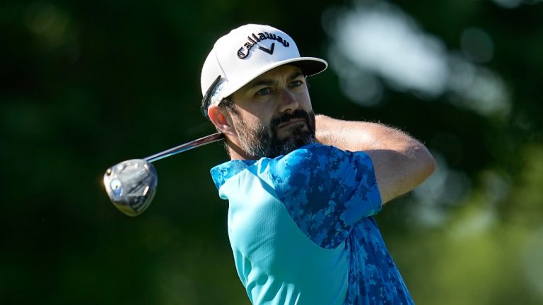 Adam Hadwin watches his shot from the fifth tee during the second round of the Memorial golf tournament, Friday, June 7, 2024, in Dublin, Ohio. (Sue Ogrocki/AP Photo)