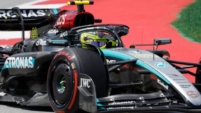 Mercedes driver Lewis Hamilton of Britain steers his car during the Formula 1 Spanish Grand Prix race at the Barcelona Catalunya racetrack in Montmelo, near Barcelona, Spain, Sunday, June 23, 2024. (Joan Monfort/AP)