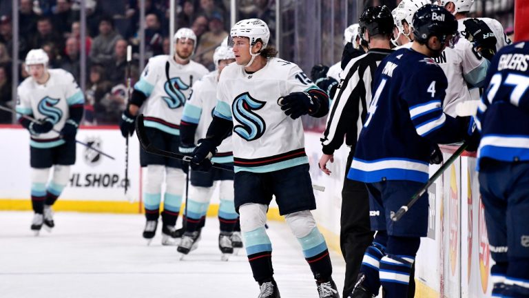 Seattle Kraken's John Hayden (15) celebrates his goal against the Winnipeg Jets during second period NHL action in Winnipeg on Tuesday February 14, 2023. (Fred Greenslade/CP)