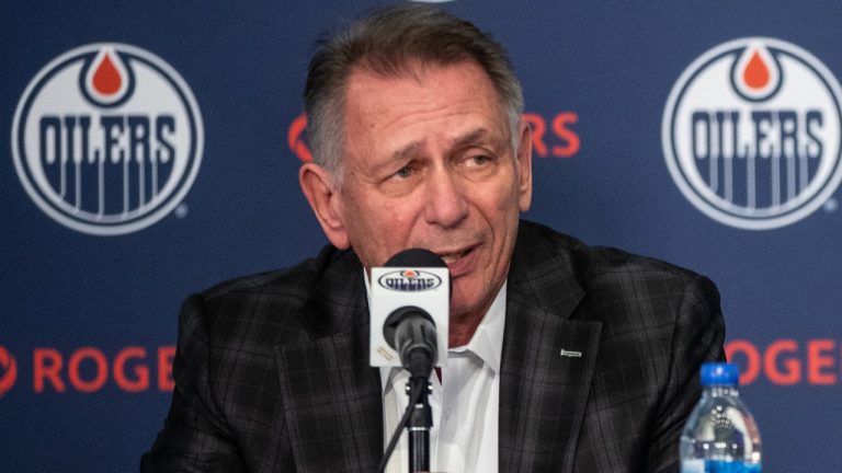 President of hockey operations and general manager Ken Holland speaks during a press conference in Edmonton, Sunday, Nov. 12, 2023. (Jason Franson/CP)