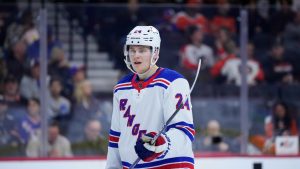 New York Rangers' Kaapo Kakko plays during an NHL hockey game, Friday, Nov. 24, 2023, in Philadelphia. (Matt Slocum/AP)