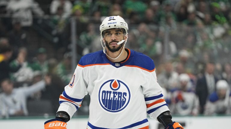 Edmonton Oilers' Evander Kane (91) prepares for a face off against the Dallas Stars in Game 1 of the NHL hockey Western Conference Stanley Cup playoff finals, Thursday, May 23, 2024, in Dallas. (Tony Gutierrez/AP)