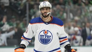 Edmonton Oilers' Evander Kane (91) prepares for a face off against the Dallas Stars in Game 1 of the NHL hockey Western Conference Stanley Cup playoff finals, Thursday, May 23, 2024, in Dallas. (Tony Gutierrez/AP)