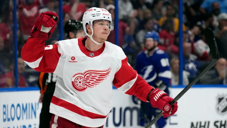 Detroit Red Wings left wing Lucas Raymond (23) celebrates his goal against the Tampa Bay Lightning during the third period of an NHL hockey game Monday, April 1, 2024, in Tampa, Fla. (Chris O'Meara/AP)