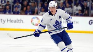 Toronto Maple Leafs right wing Mitchell Marner (16) in the first period during an NHL hockey game against the Arizona Coyotes, Wednesday, Feb. 21, 2024, in Tempe, Ariz. (Rick Scuteri/AP)