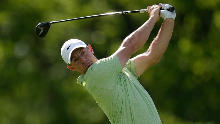 Rory McIlroy watches his shot from the 18th tee during the first round of the Memorial golf tournament Thursday, June 6, 2024, in Dublin, Ohio. (Sue Ogrocki/AP)