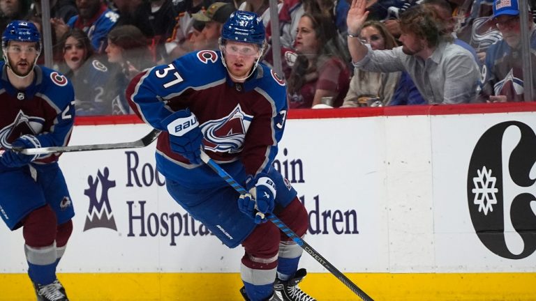 Colorado Avalanche center Casey Mittelstadt (37) in the third period of Game 6 of an NHL hockey playoff series Friday, May 17, 2024, in Denver. (David Zalubowski/AP Photo)