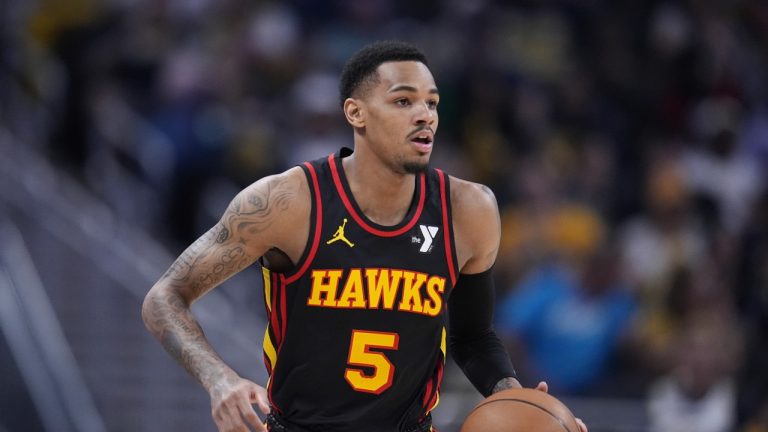 Dejounte Murray (5) plays against the Indiana Pacers during the first half of an NBA basketball game in Indianapolis, Sunday, April 14, 2024. (Michael Conroy/AP)