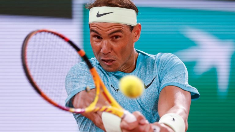 Spain's Rafael Nadal plays a shot against Germany's Alexander Zverev during their first round match of the French Open tennis tournament at the Roland Garros stadium in Paris, Monday, May 27, 2024. (Jean-Francois Badias/AP)