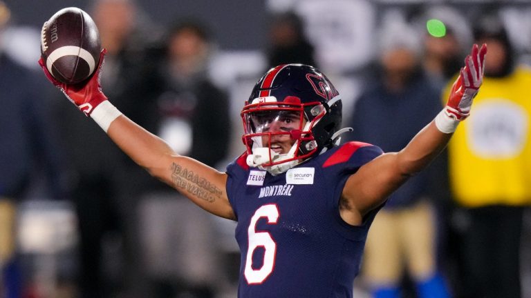 Montreal Alouettes wide receiver Tyson Philpot (6) celebrates after scoring a touchdown against the Winnipeg Blue Bombers during the second half of football action at the 110th CFL Grey Cup in Hamilton, Ont., on Sunday, November 19, 2023. Canadian wide receiver Philpot. (Chris Young/THE CANADIAN PRESS)